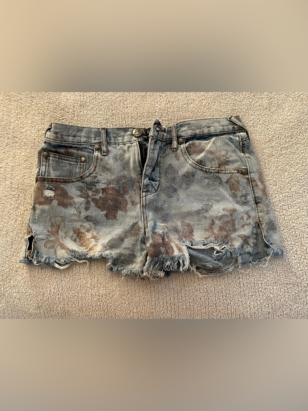 Free People Washed Denim Floral Cutoff Shorts - Blue & Brown